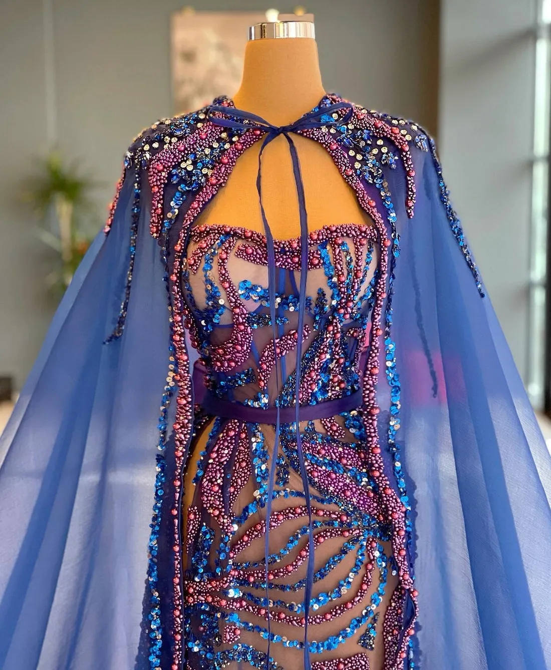 2 Piece Elegant Blue Sequins Prom Dress