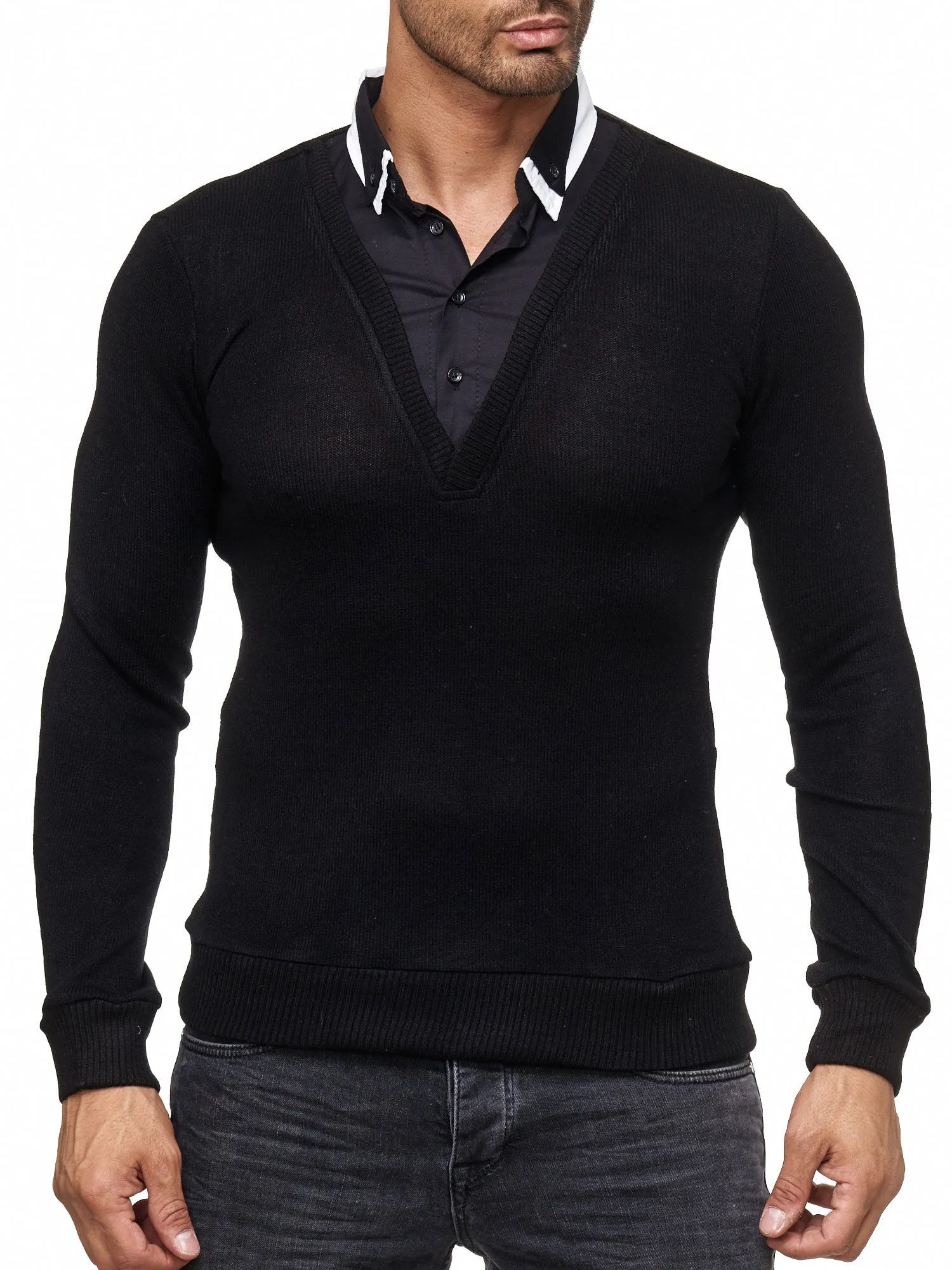 B&F Men Stylish Hybrid Collar Top Pullover Sweatshirt - Black