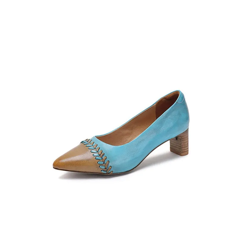 Block Heeled Slip-On Pumps Leather Point Toe Office Shoes Color Blocking in Gray/Blue