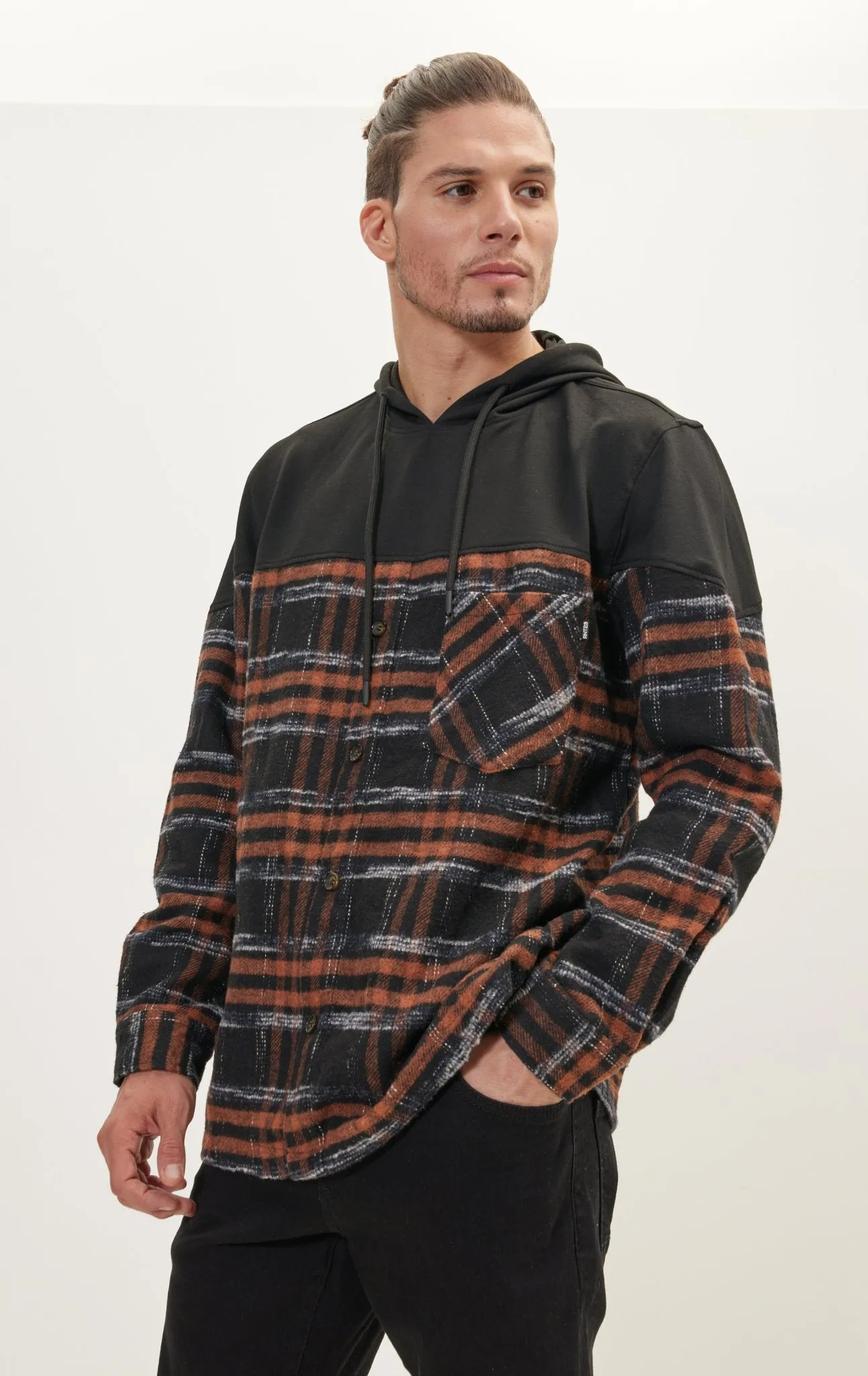 Button Down Plaid Flannel Pullover Hoodie - Brown Black