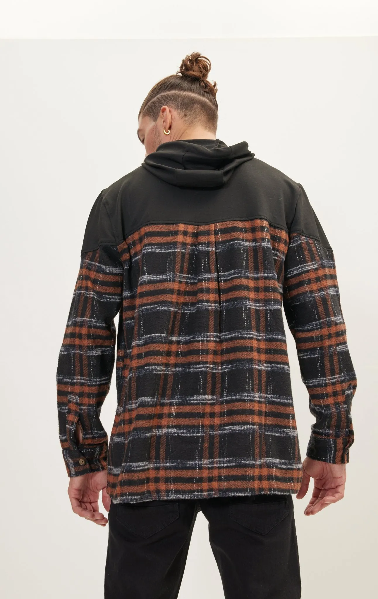 Button Down Plaid Flannel Pullover Hoodie - Brown Black