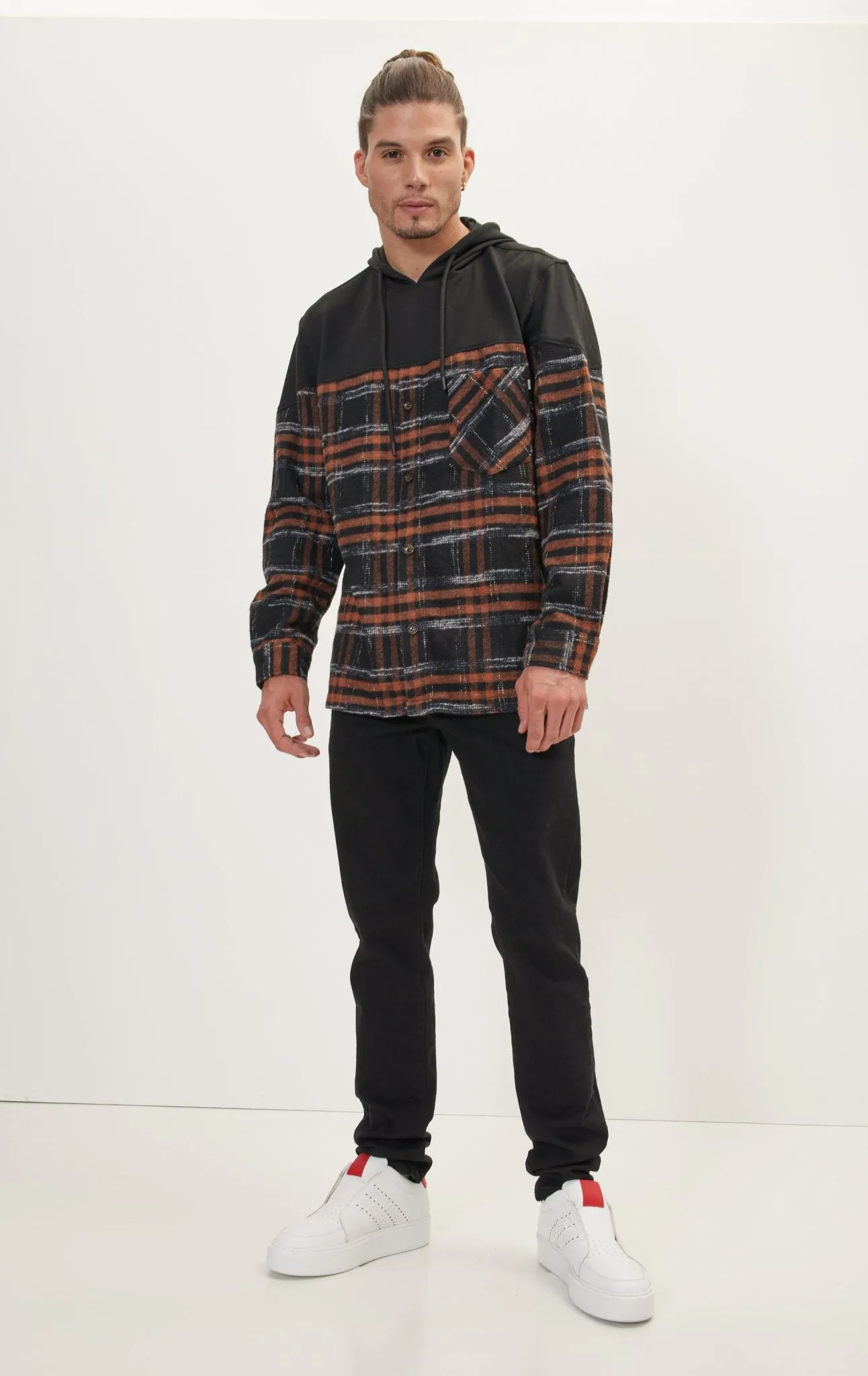 Button Down Plaid Flannel Pullover Hoodie - Brown Black