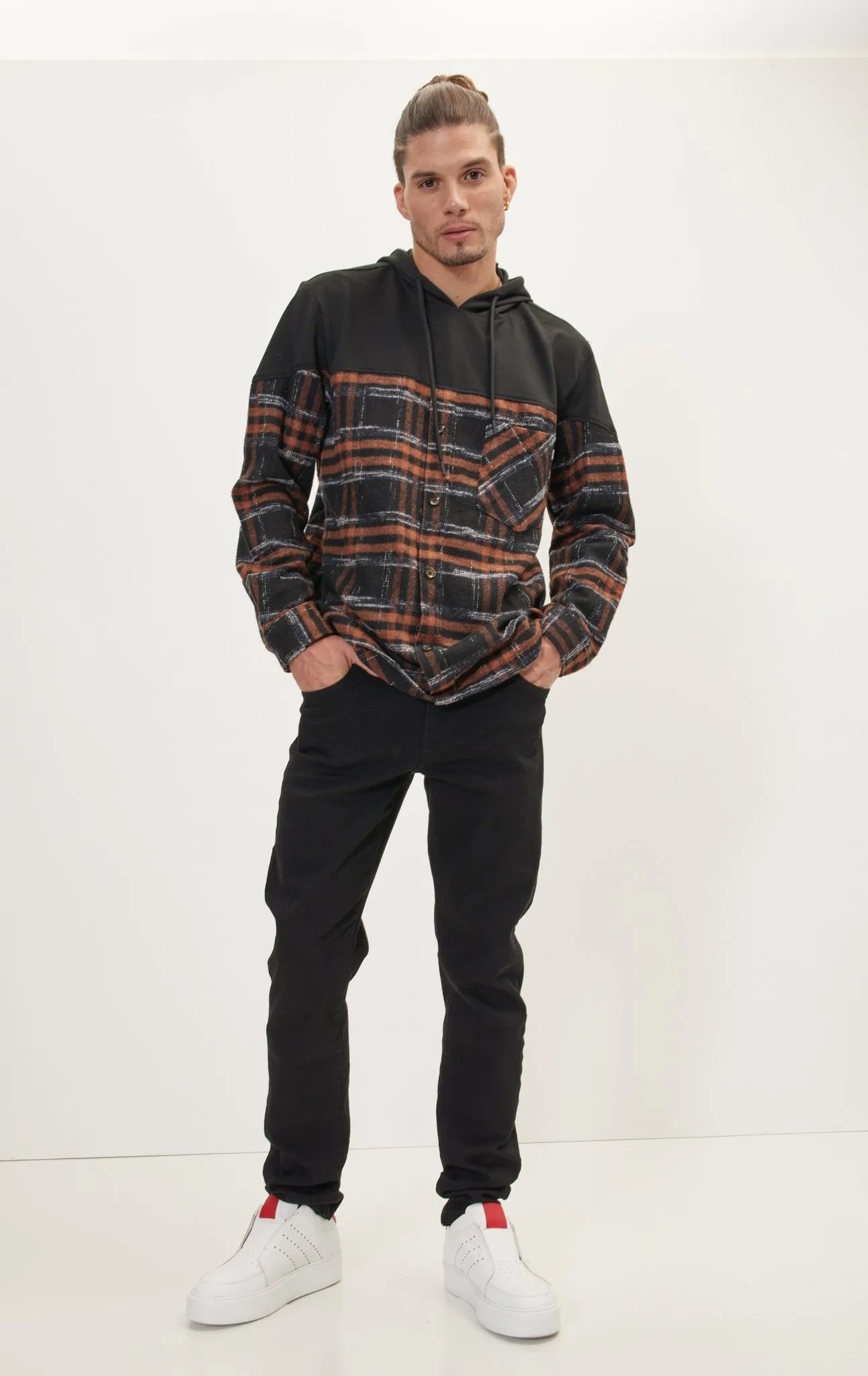 Button Down Plaid Flannel Pullover Hoodie - Brown Black
