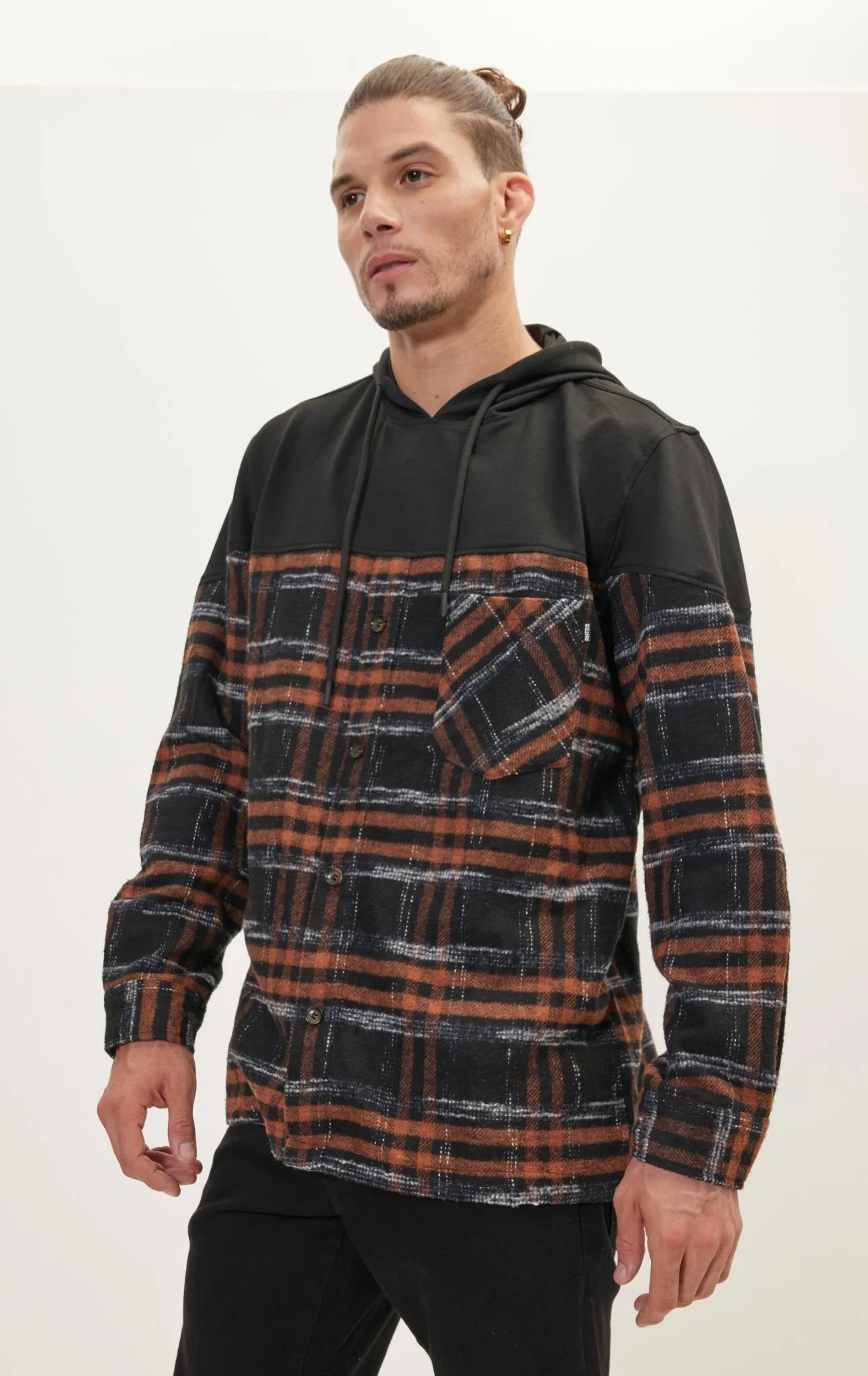 Button Down Plaid Flannel Pullover Hoodie - Brown Black