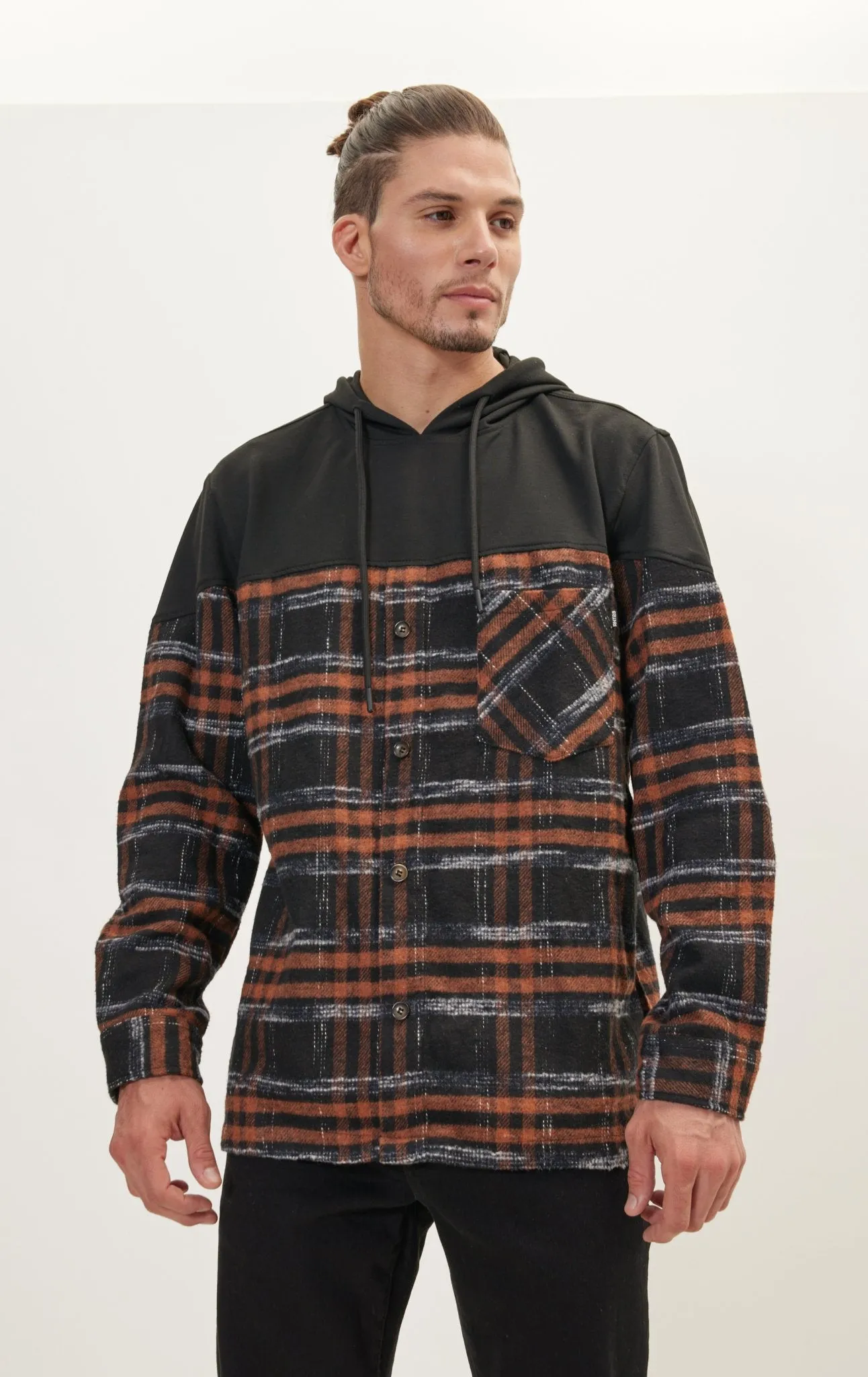 Button Down Plaid Flannel Pullover Hoodie - Brown Black