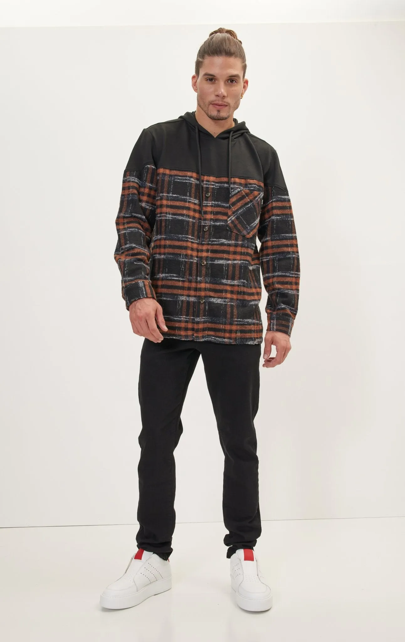 Button Down Plaid Flannel Pullover Hoodie - Brown Black
