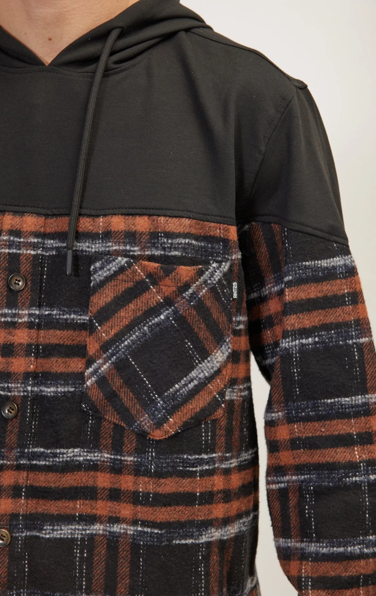 Button Down Plaid Flannel Pullover Hoodie - Brown Black