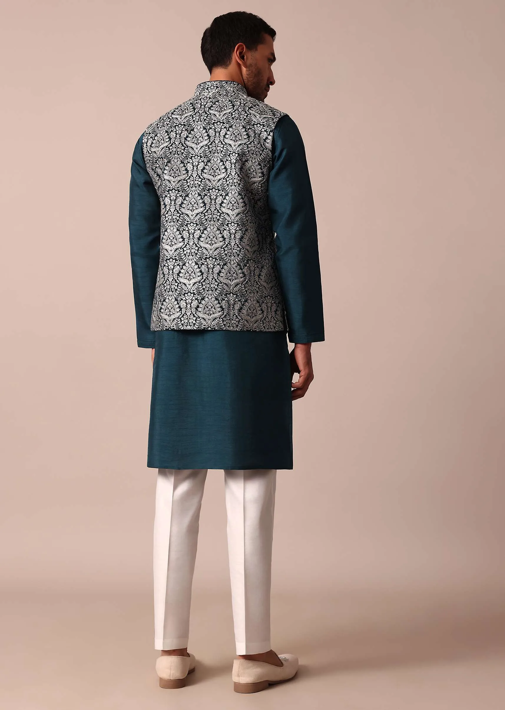 Classic Blue Jacket Kurta Set For Men