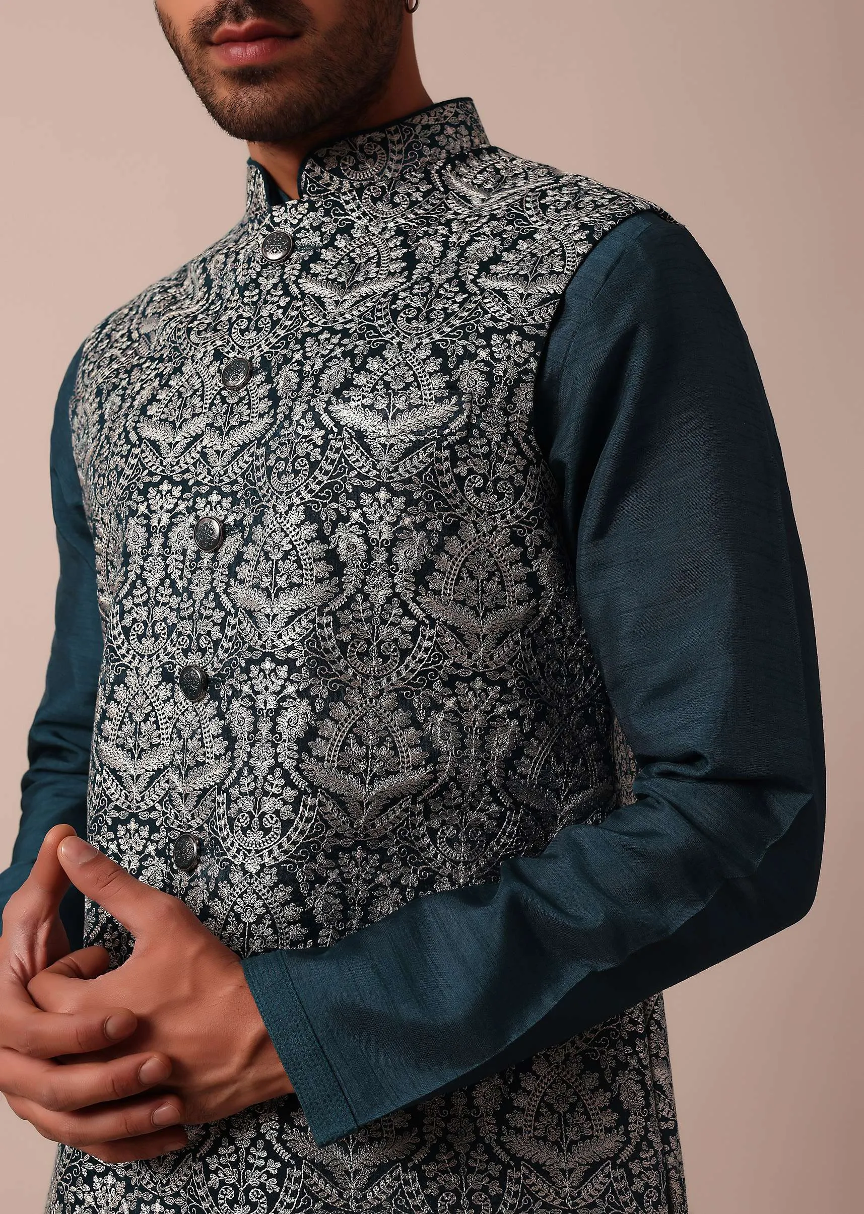 Classic Blue Jacket Kurta Set For Men