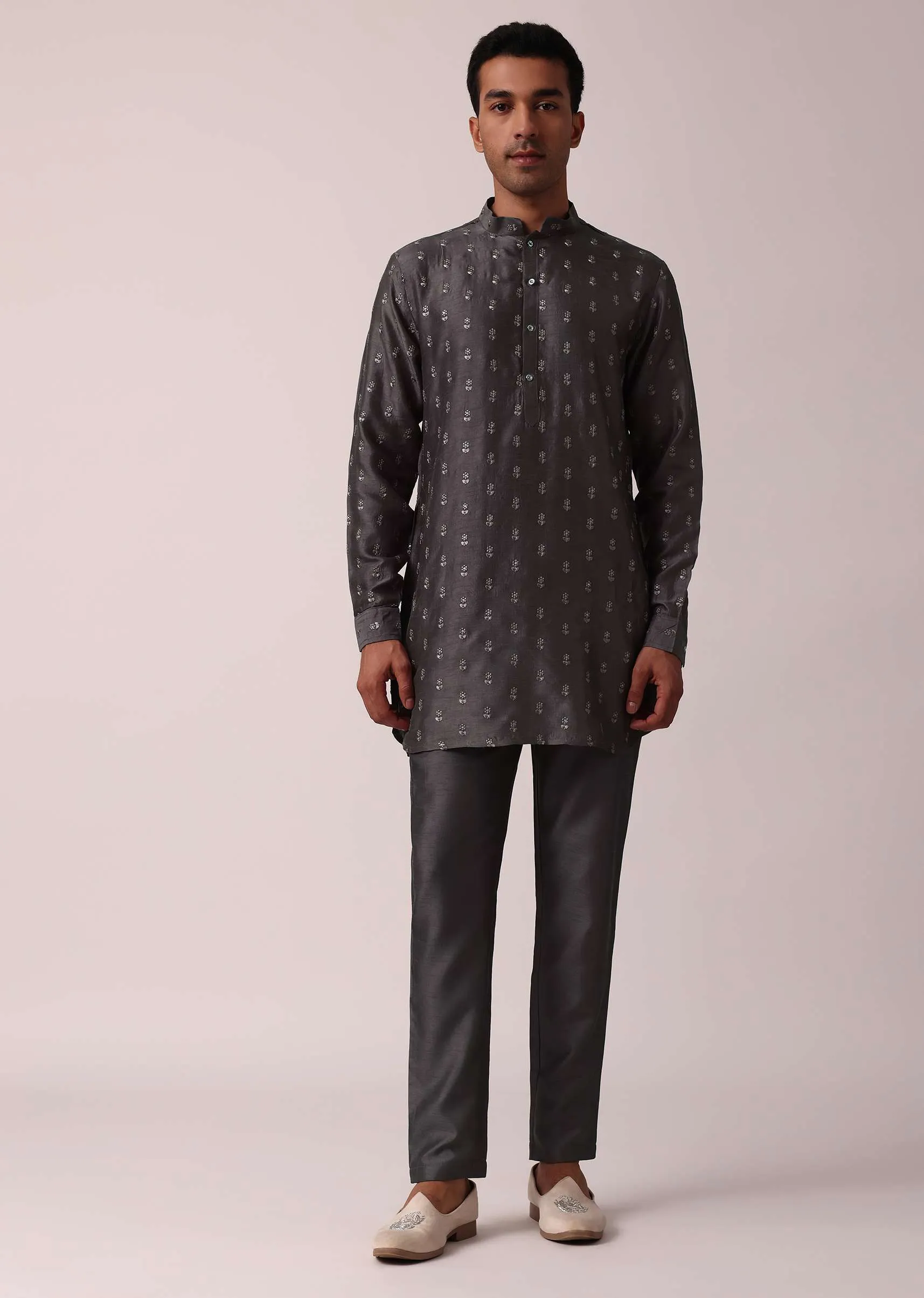 Classic Grey Silk Embroidered Jacket Kurta Set