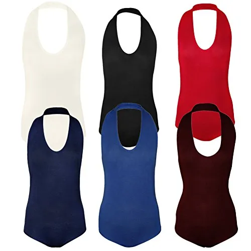 COMMENCER Ladies Women's Halter Neck Sleeveless Backless Stretched Bodysuit Top Thin Fabric Blue-M/L