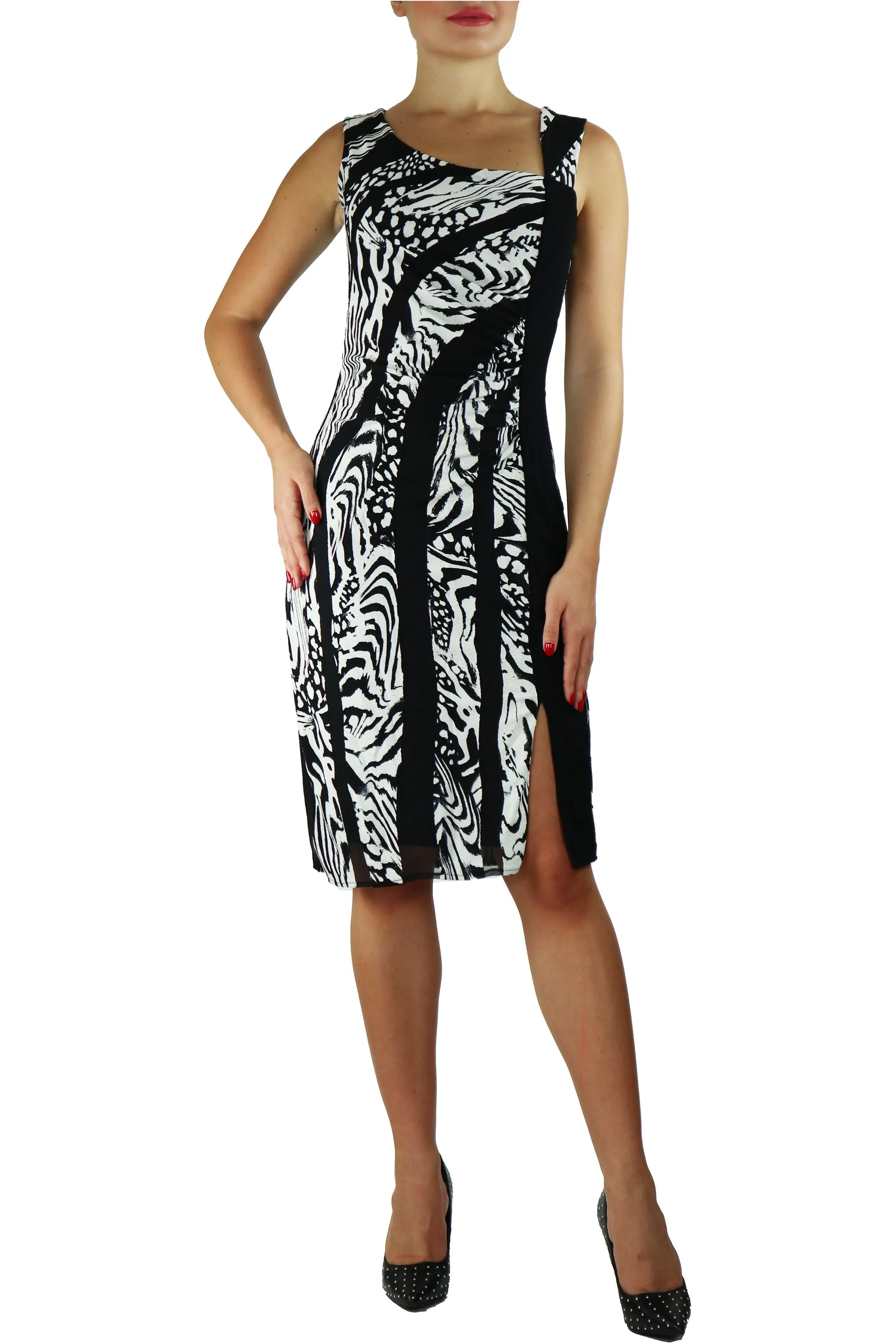 EFFIE Black and White Asymmetrical Neckline Dress With Side Slits