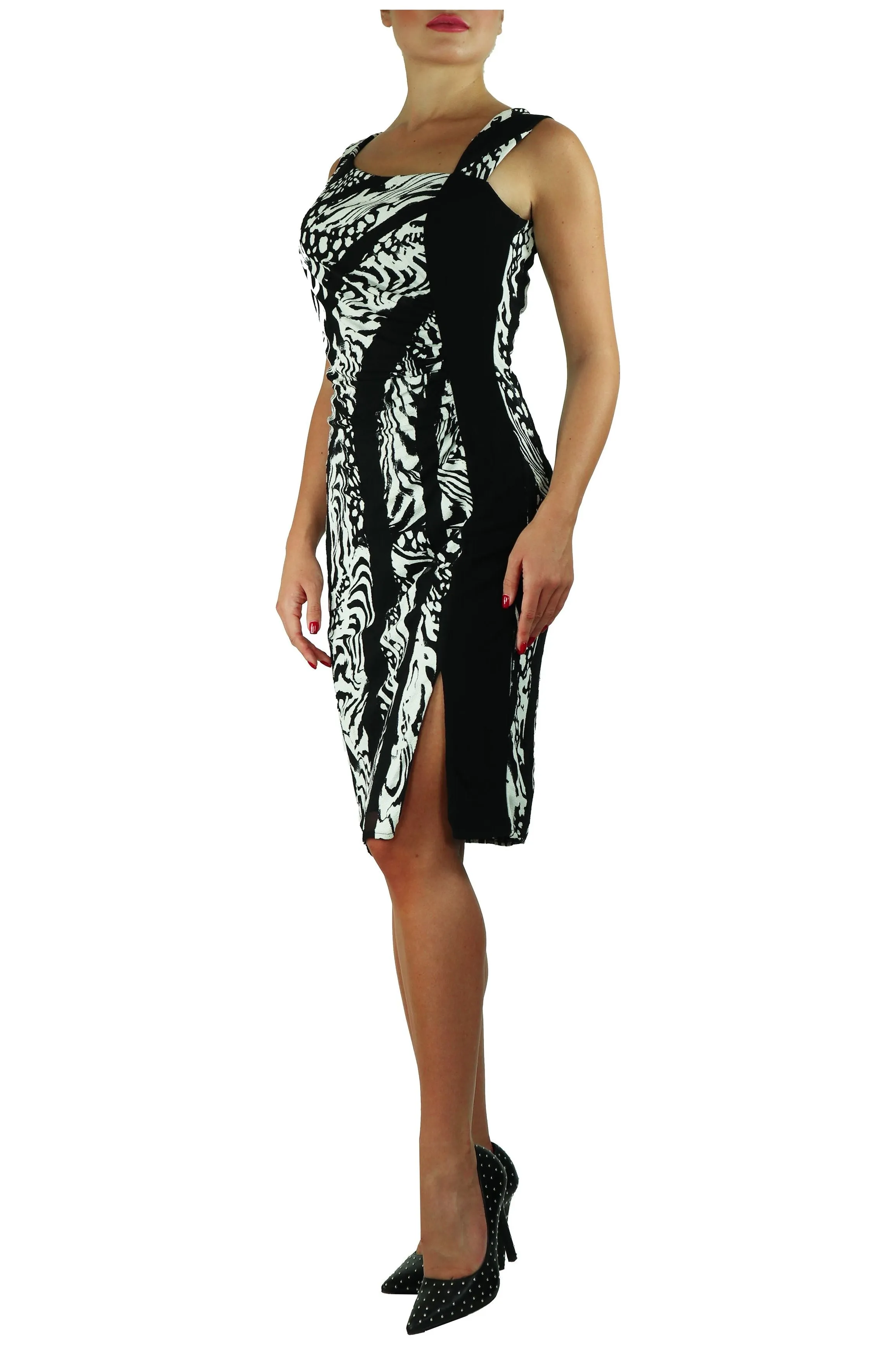 EFFIE Black and White Asymmetrical Neckline Dress With Side Slits