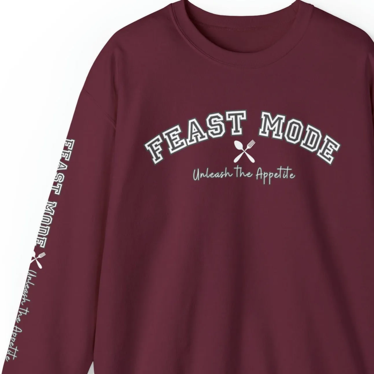 Feast Mode Unleash the Appetite Men's Sweatshirt: Utensil Sleeve Detail & Foodie Fashion