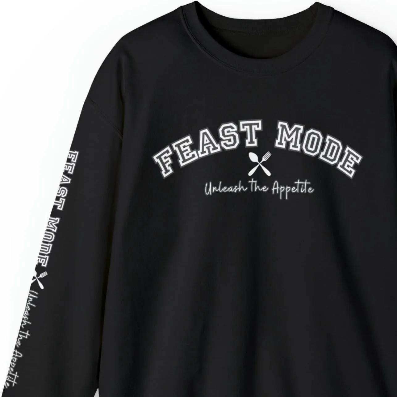 Feast Mode Unleash the Appetite Men's Sweatshirt: Utensil Sleeve Detail & Foodie Fashion