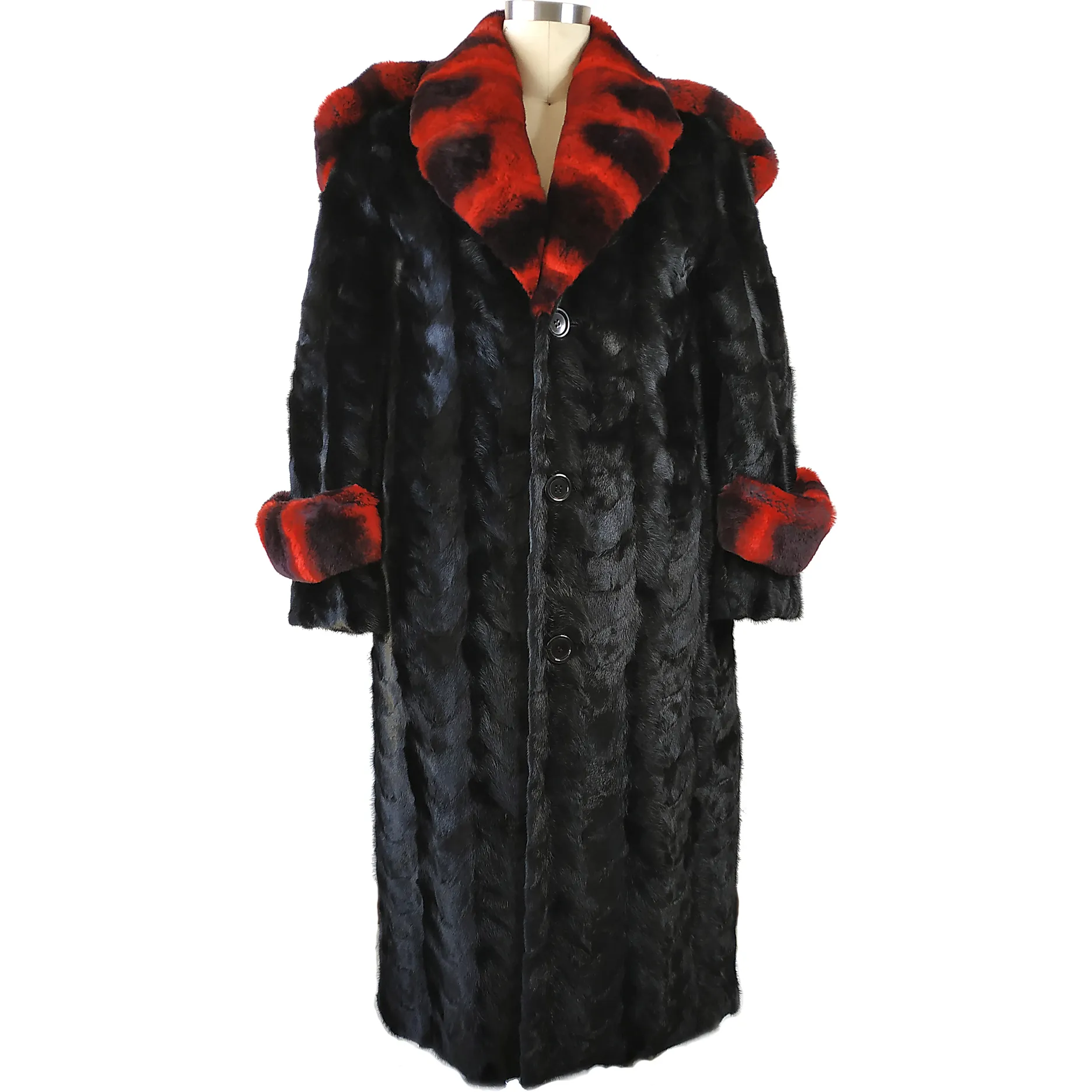 Full Skin Mink Trench Coat w/Red Rex Rabbit - Black