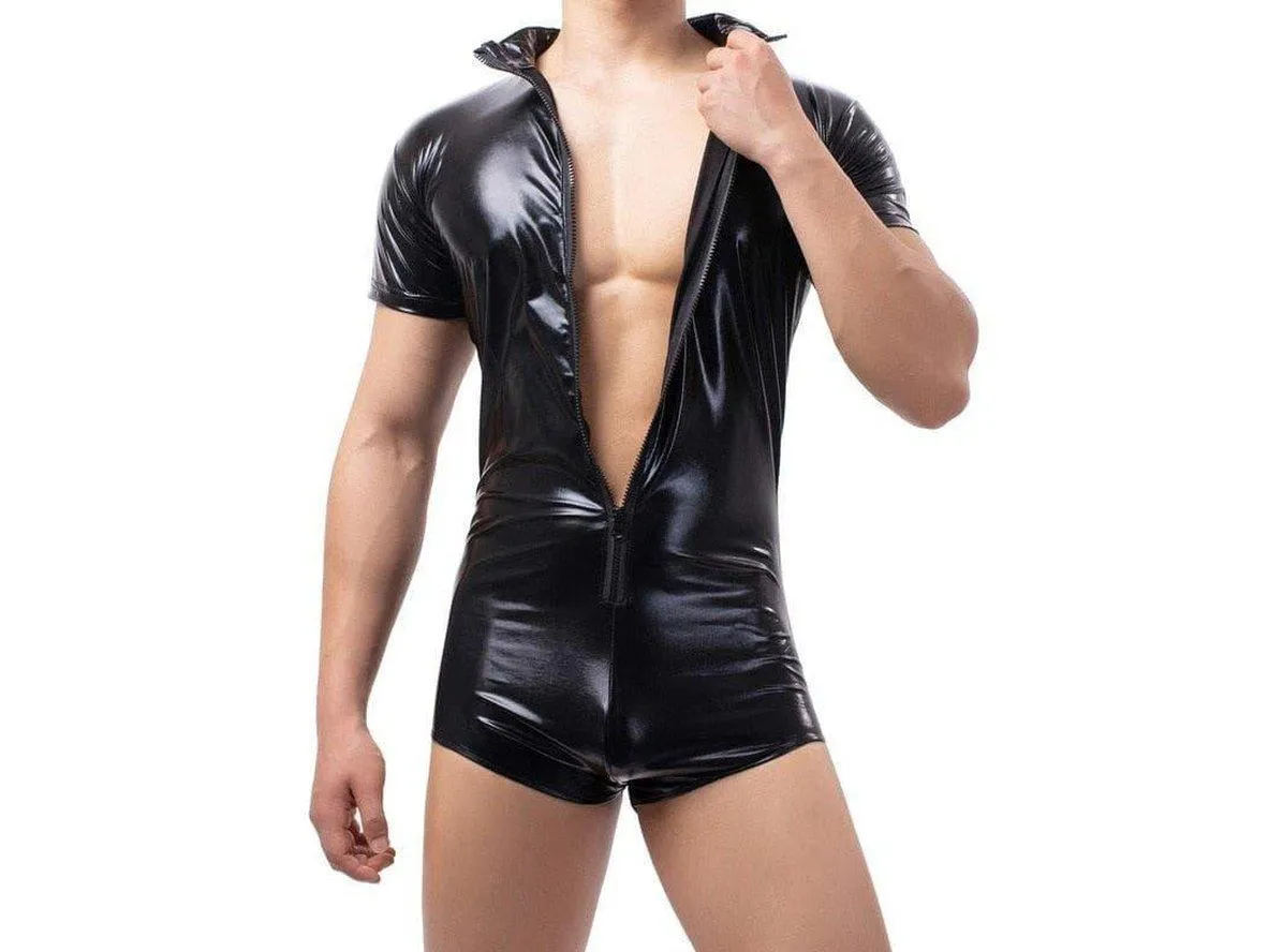 Gay Bodysuits | Clubwear Faux Leather Zipper Bodysuit