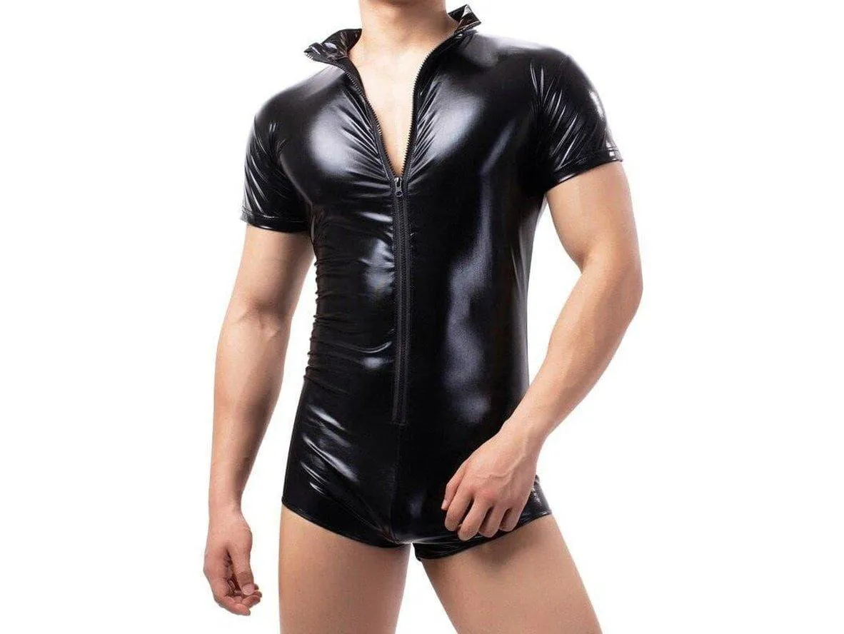 Gay Bodysuits | Clubwear Faux Leather Zipper Bodysuit