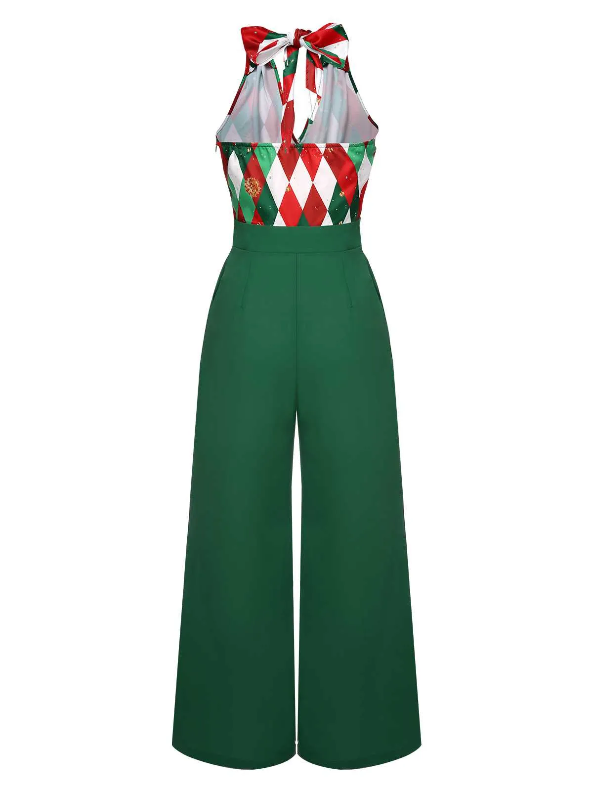 Green 1930s Christmas Plaid Lace Patchwork Jumpsuit