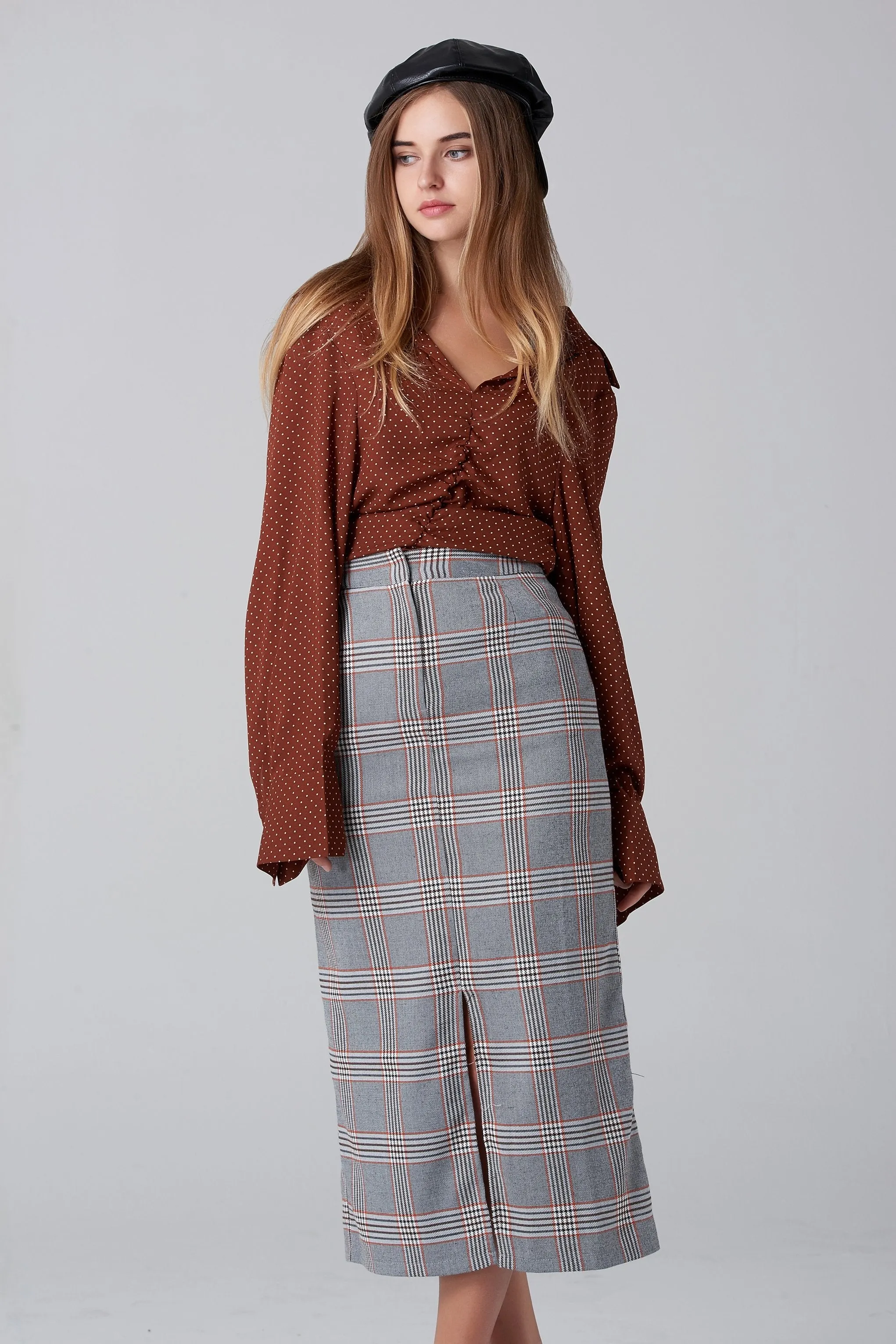 Grey Plaid Midi Skirt
