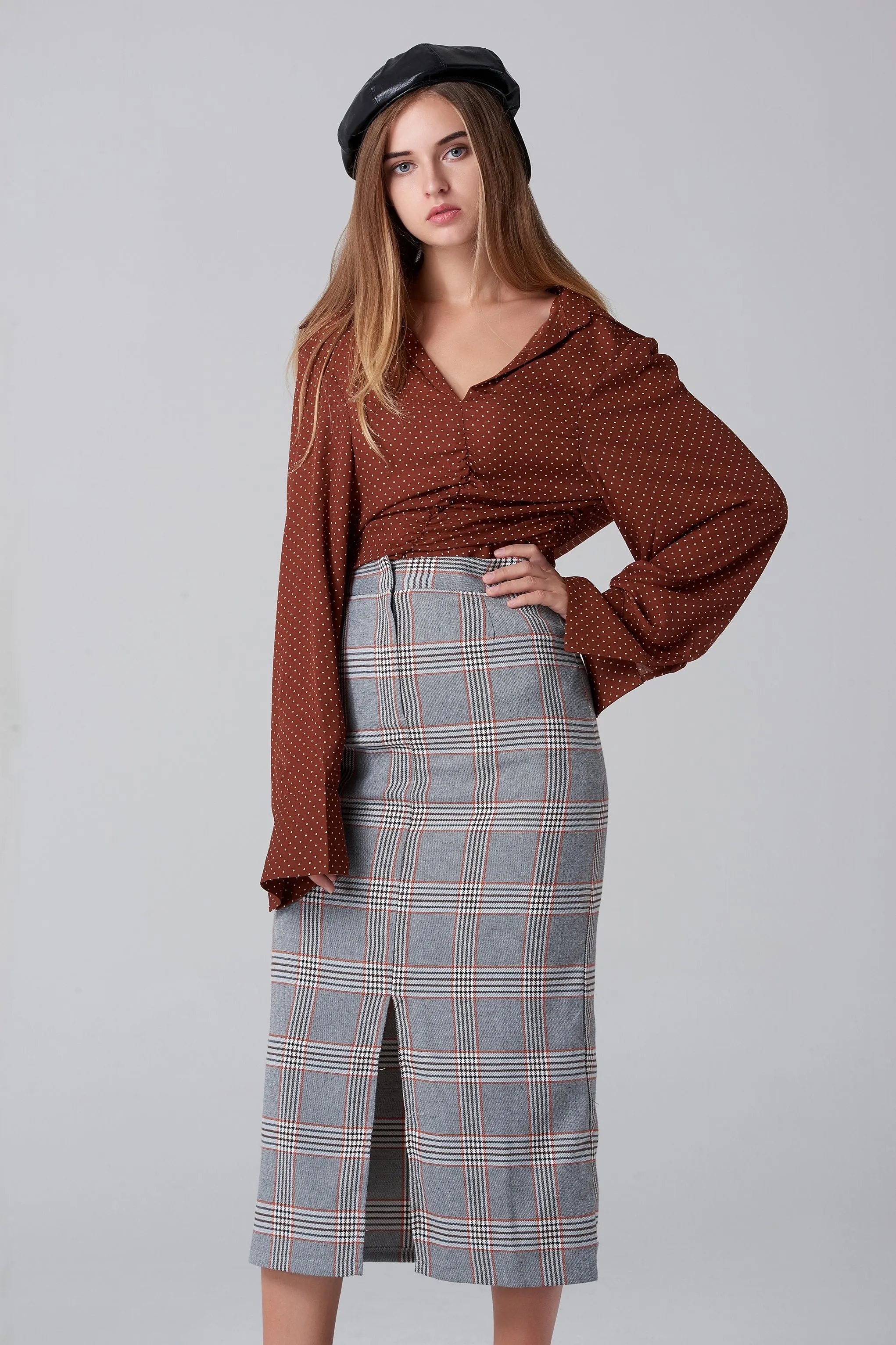 Grey Plaid Midi Skirt