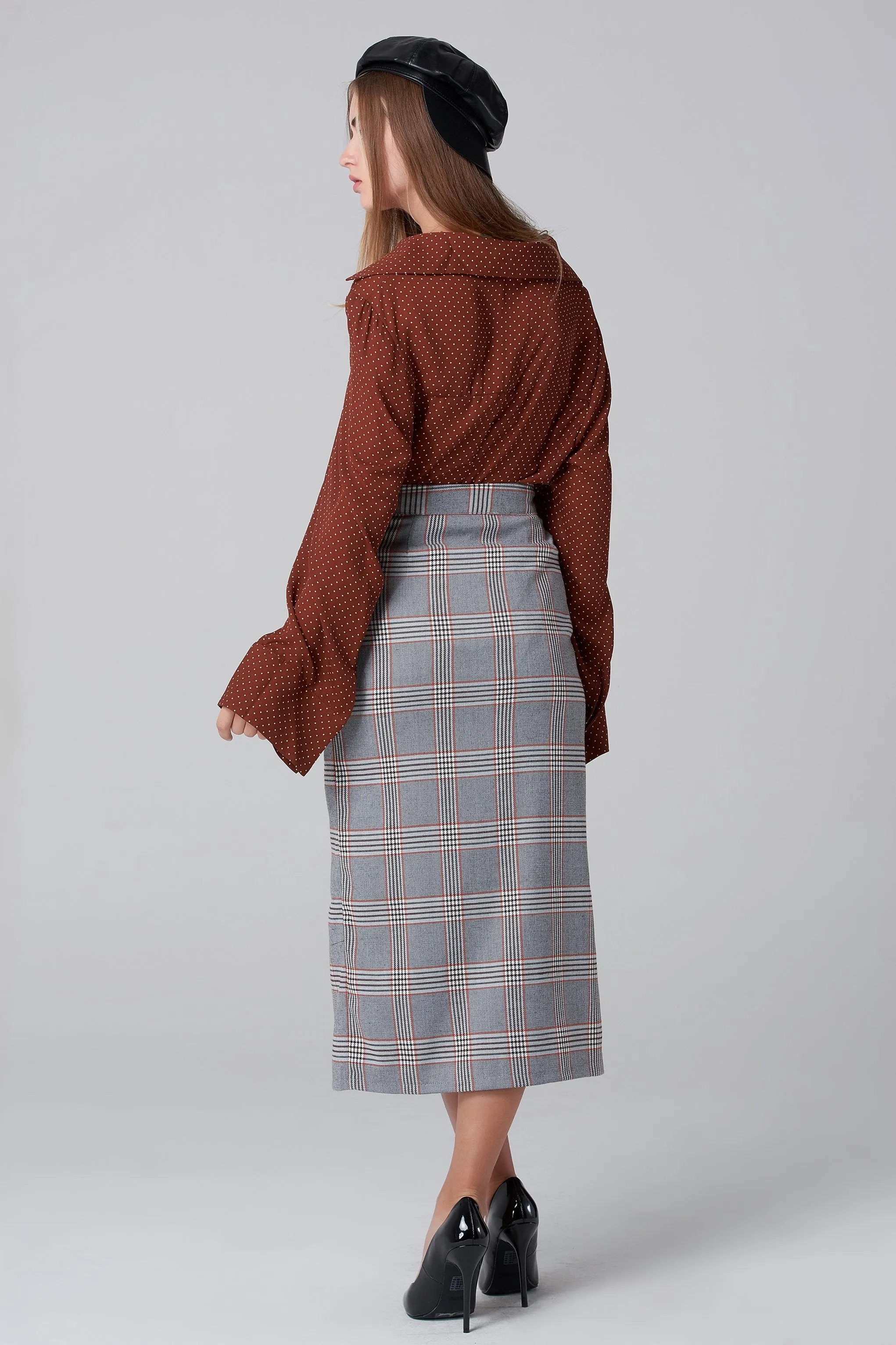 Grey Plaid Midi Skirt