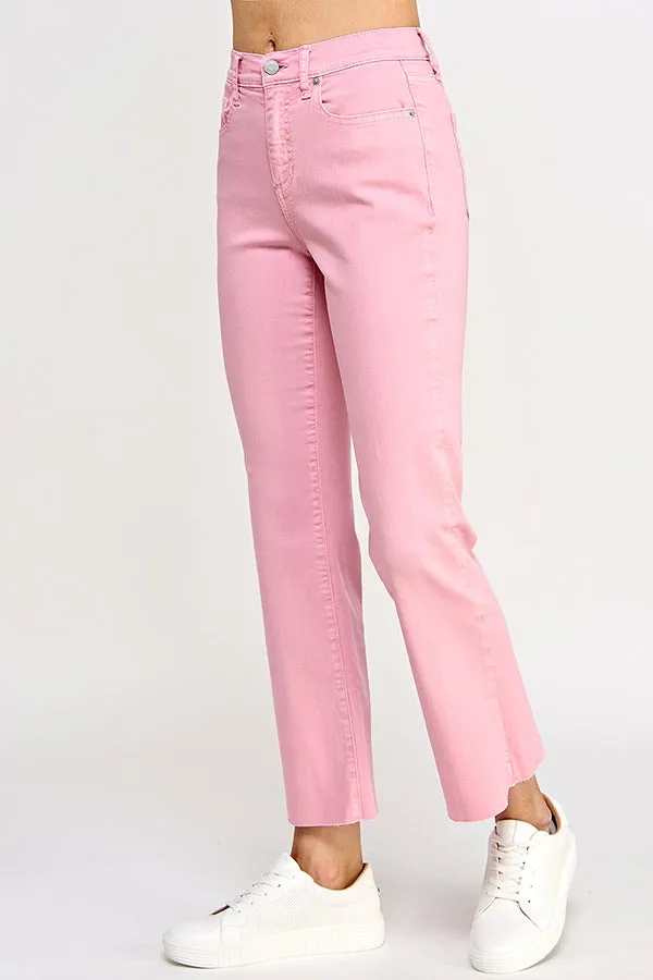 HIGH RISE KICK FLARE JEANS WITH RAW CUT HEM IN ROSE PINK    /  SP-P11819RP