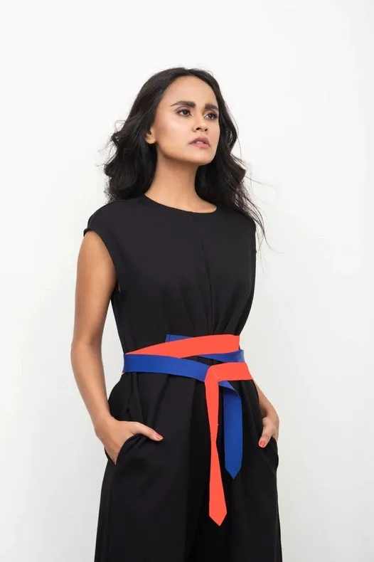 Jet Black Jumpsuit with Attached Neon Belt Detail