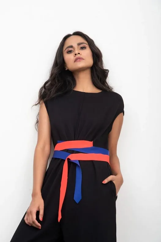 Jet Black Jumpsuit with Attached Neon Belt Detail