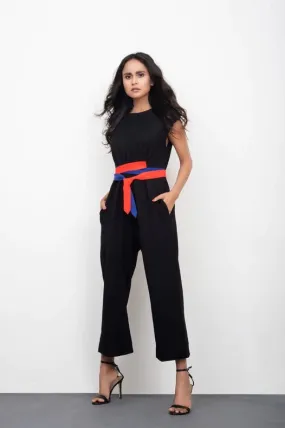 Jet Black Jumpsuit with Attached Neon Belt Detail