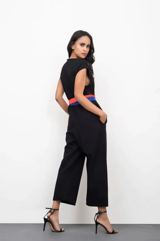 Jet Black Jumpsuit with Attached Neon Belt Detail