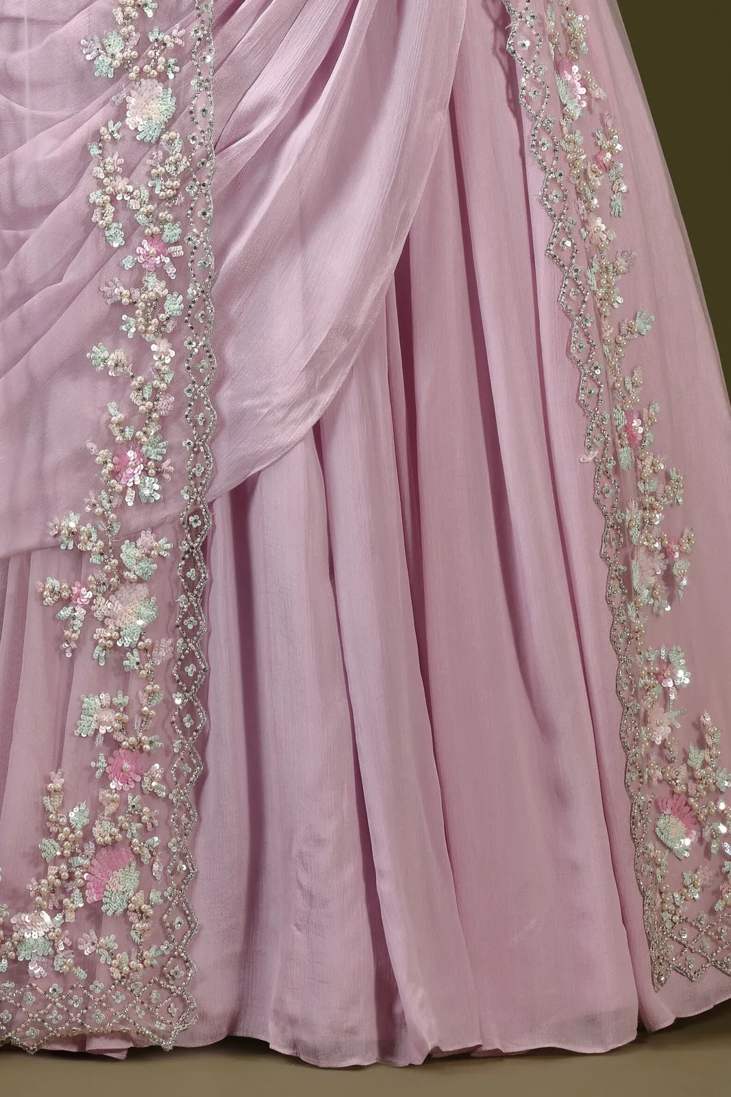 Lilac Sequins, Stone and Pearl work Indo-Western Styled Crop Top Lehenga  with Overcoat