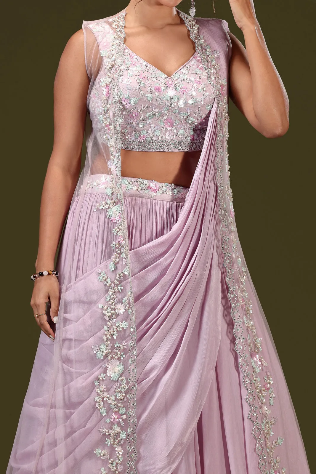Lilac Sequins, Stone and Pearl work Indo-Western Styled Crop Top Lehenga  with Overcoat