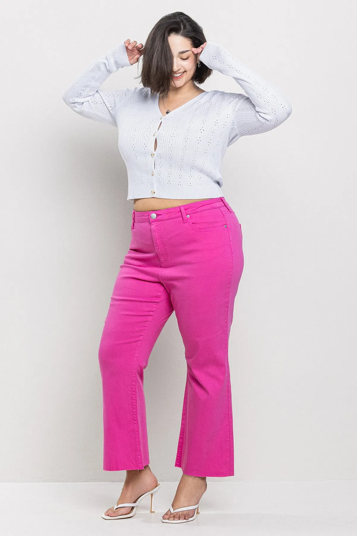 MID RISE PLUS KICK FLARE JEANS IN FUCHSIA / SP-P12419FU-PL
