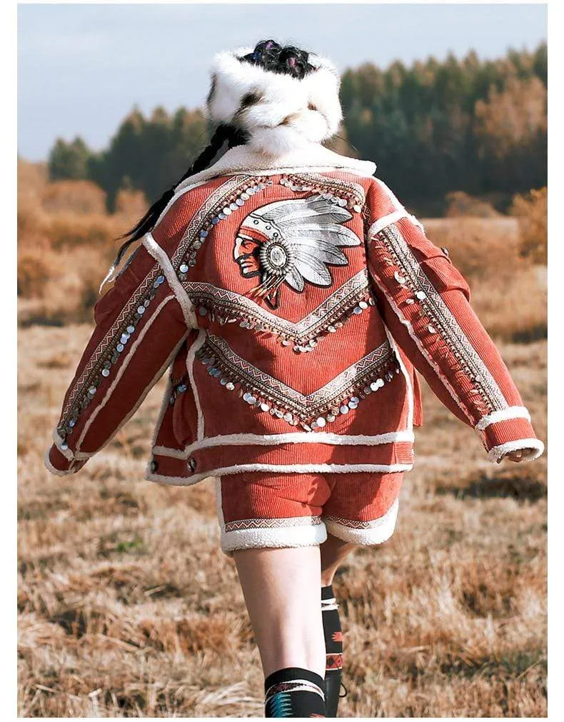 Native Pride Handmade Embroidered Corduroy Jacket | Mandala
