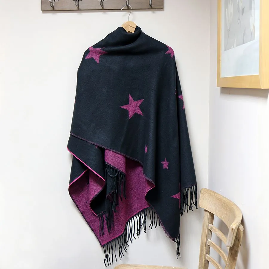 Navy & Pink Reversible Star Fringed Poncho Wrap