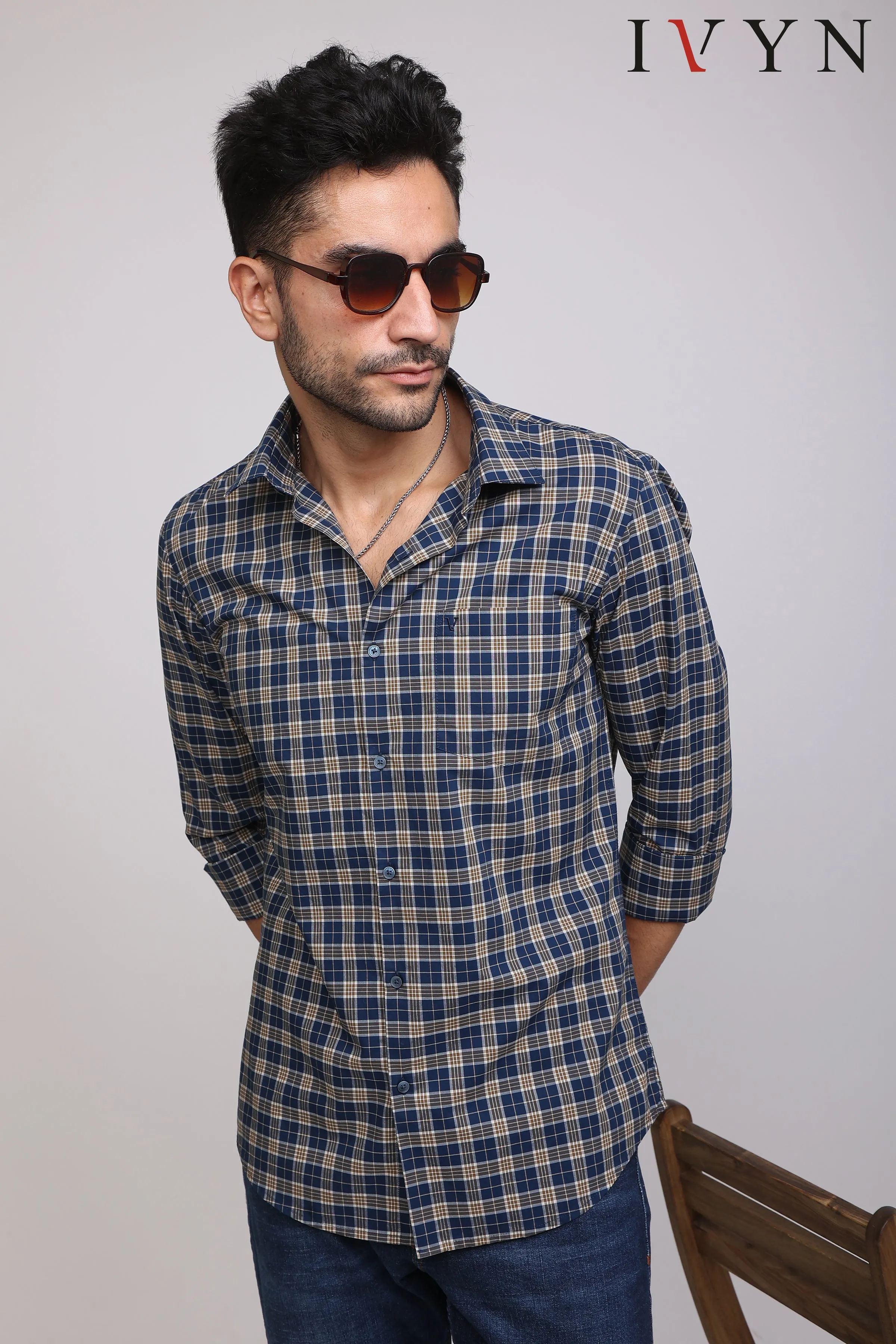 Navy Blue & White Check Shirt