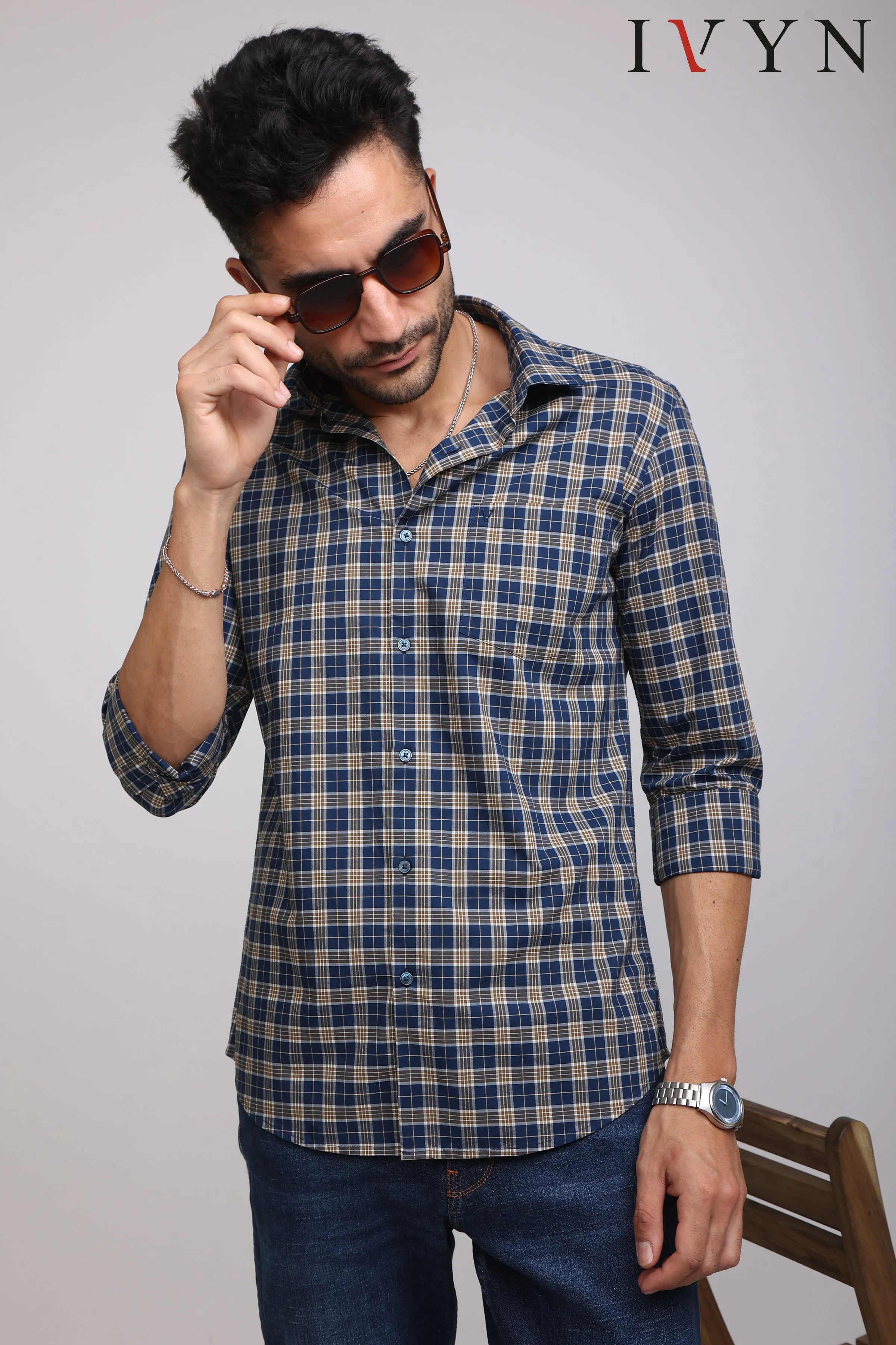 Navy Blue & White Check Shirt