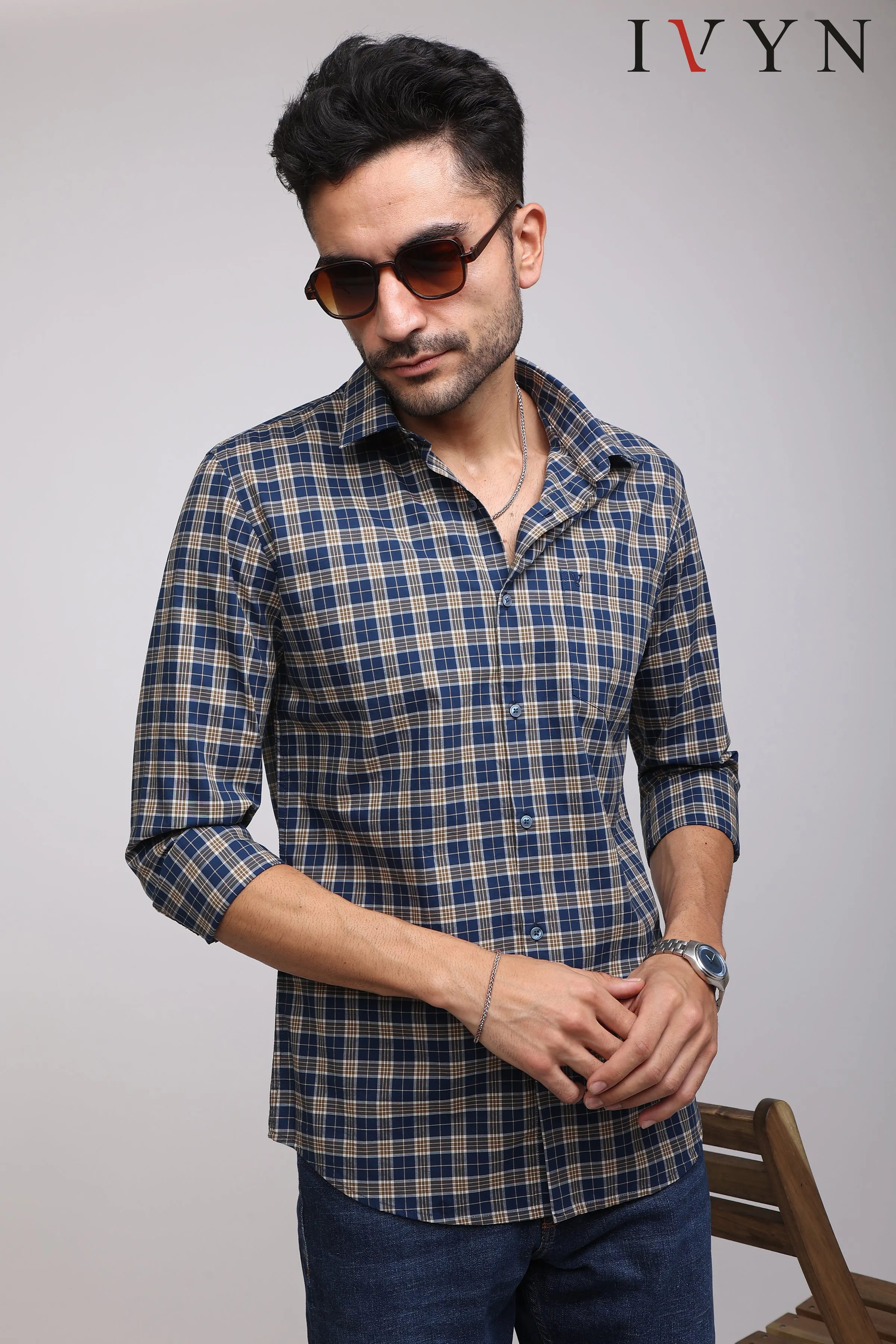 Navy Blue & White Check Shirt