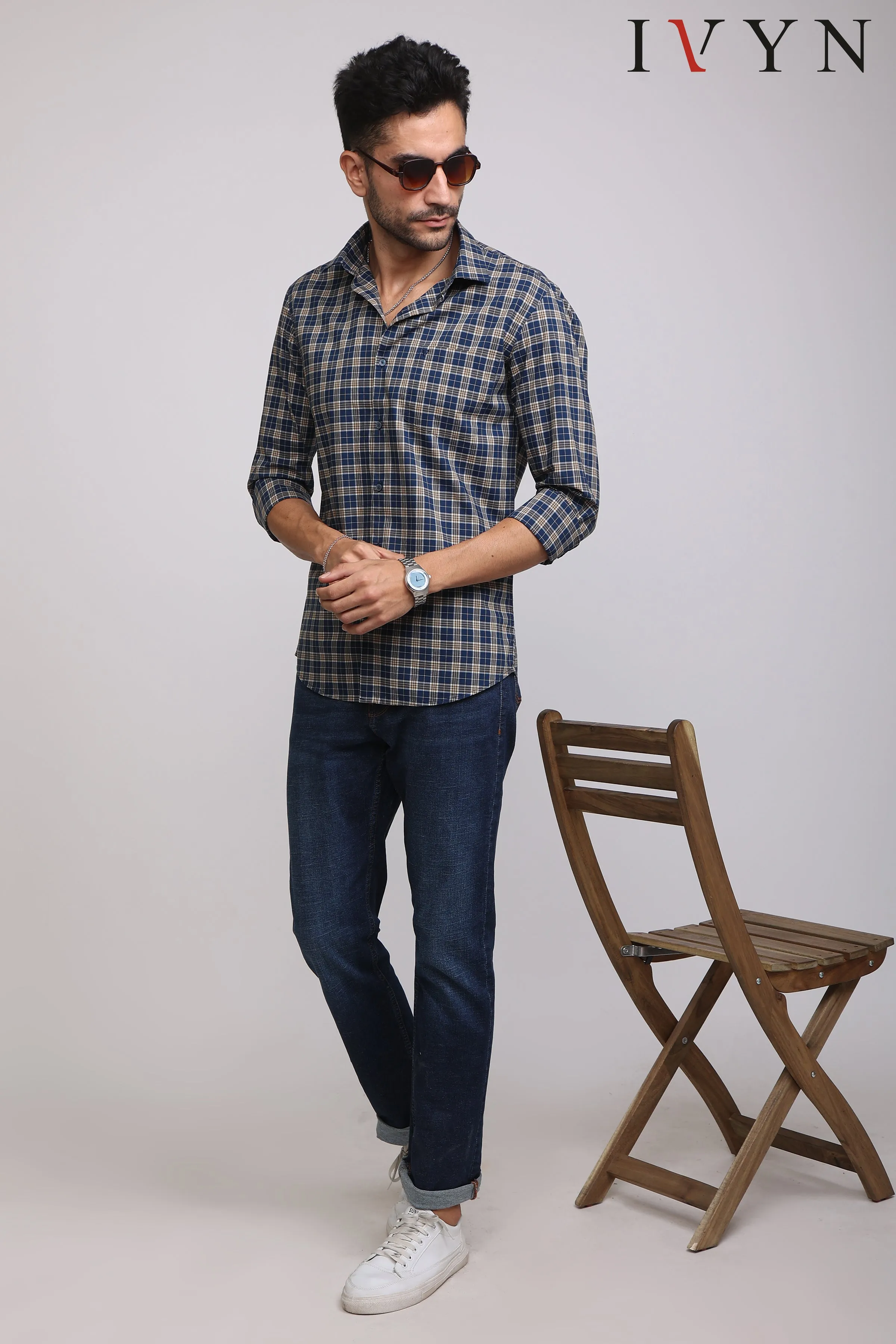 Navy Blue & White Check Shirt