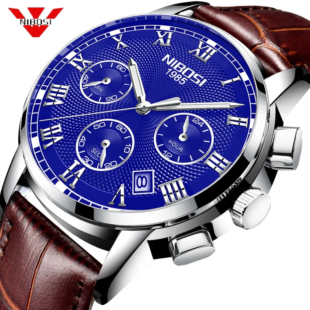 NIBOSI Mens Watches Militray Sport Quartz Men Watch Leather Waterproof Male Wristwatches Relogio Masculino Relojes Para Hombre