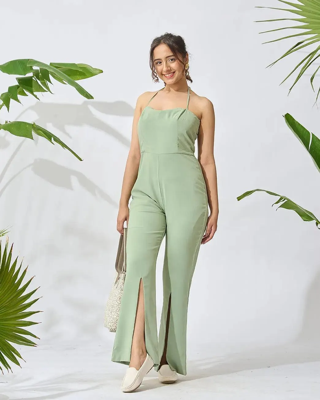 Off Shoulder Front Slit Jumpsuit