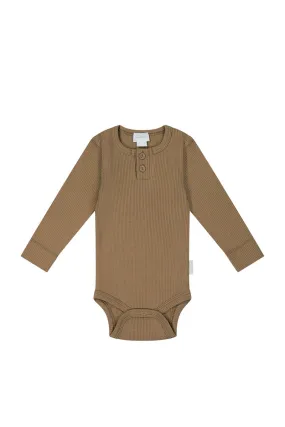 Organic Cotton Fine Rib Long Sleeve Bodysuit - Caramel