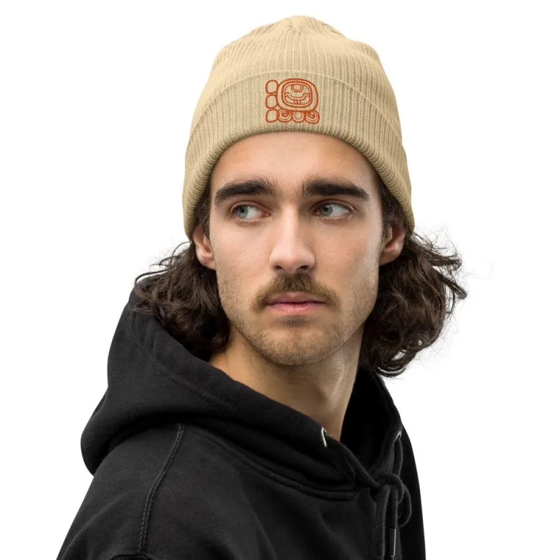Organic ribbed beanie - Maya hieratic graphic style