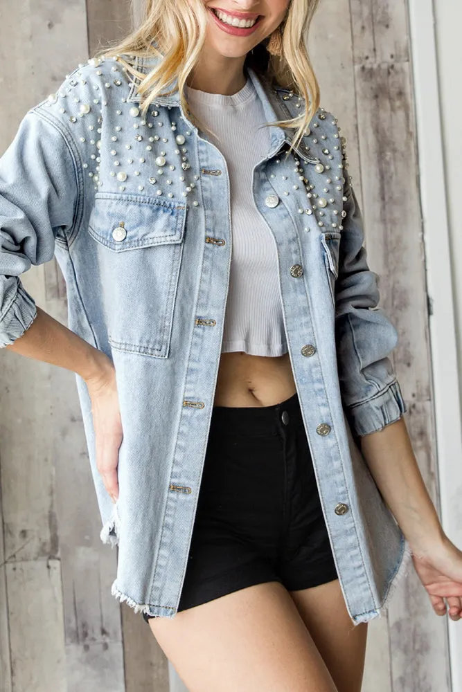 Rhinestone Pearl Open Front Button Pocket Raw Hem Denim Jackets