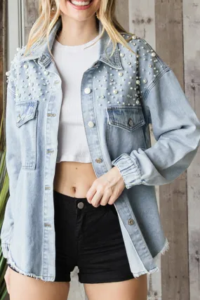 Rhinestone Pearl Open Front Button Pocket Raw Hem Denim Jackets