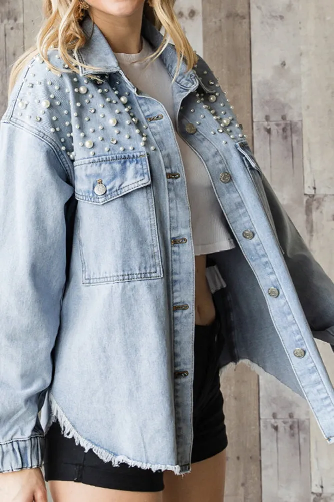 Rhinestone Pearl Open Front Button Pocket Raw Hem Denim Jackets