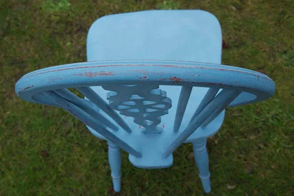 Shabby chic vintage chippy hand painted wheelback chair in miss mustard seed milk paint  in French Enamel by Emily Rose Vintage