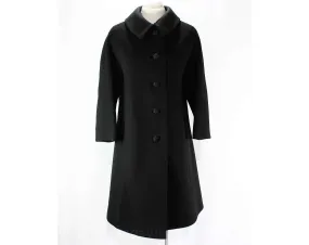 Size 12 1950s Coat - Superior Quality Black Wool Minimalist Overcoat - Mid Century 50s Chic Tailored Outerwear - Satin Cord Button - Bust 39