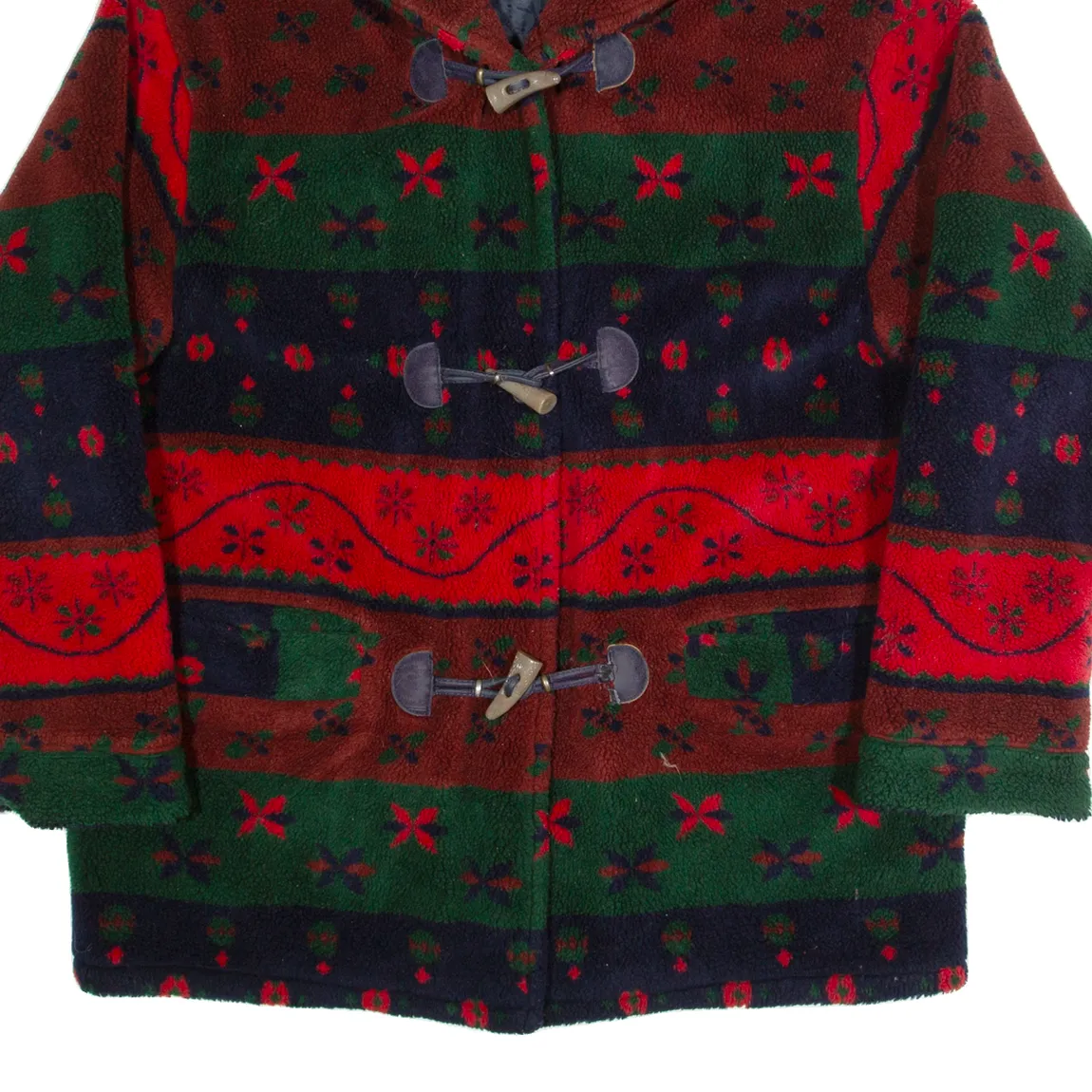 SOICO Womens Duffle Coat Red 90s Hooded Fair Isle L